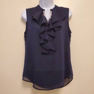 Tommy Hilfiger Navy Blue Ruffled Daisy-Trim Split Neck Sleeveless Blouse Top - S